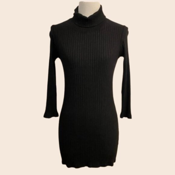 Monrow Black Ribbed Turtle Neck 3/4 Sleeve Knit Mini Dress Size Small - Picture 1 of 14